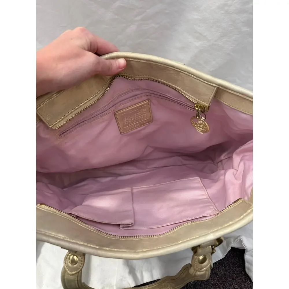 Coach Natural Signature Canvas & Metallic Gold Poppy Tote Bag GS